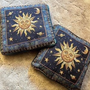 Vintage 90s Father Sun Moon Stars Planets Celestial Needlepoint Throw Pillows